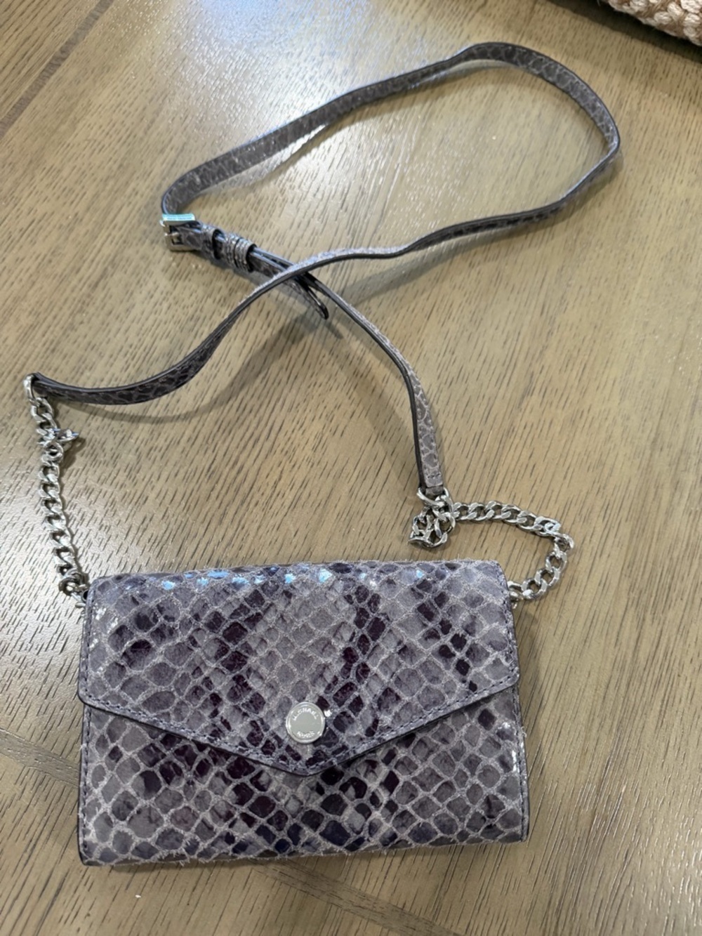 Michael Kors Snake-Embossed Crossbody in Taupe and Silver